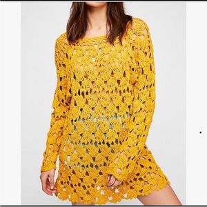 Free People Sweater Dress Little Fan Crochet Tunic Mini Yellow Knit Size XS